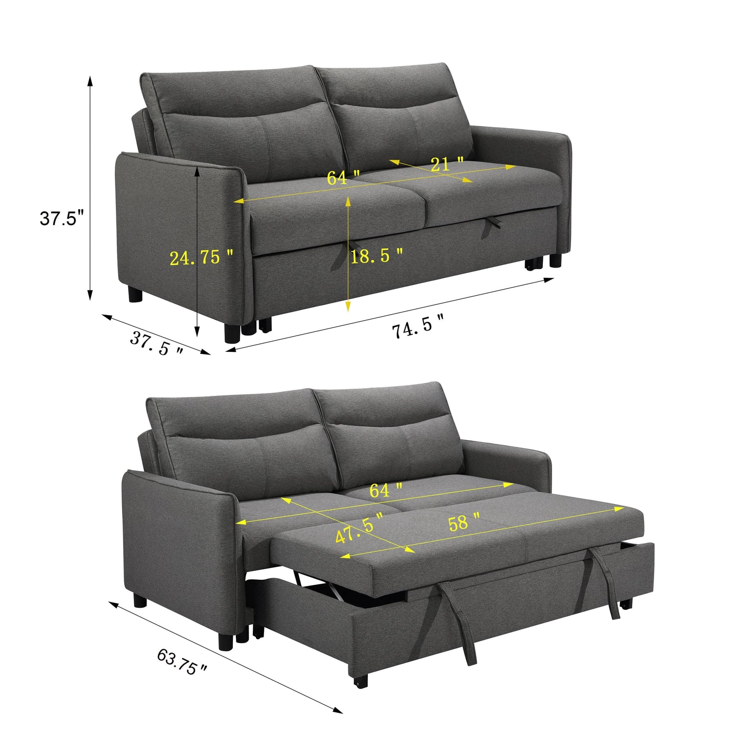 Comfort Living Spaces 3 in 1 Convertible Sleeper Sofa Bed, Modern Fabric Loveseat Futon Sofa Couch w/Pullout Bed, Small Love Seat Lounge Sofa w/Reclining Backrest, Furniture for Living Room, Grey