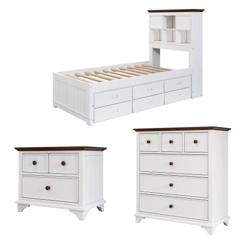 Comfort Living Spaces 3 Pieces Wooden Captain Bedroom Set Twin Bed with Trundle, Nightstand and Chest, White + Walnut