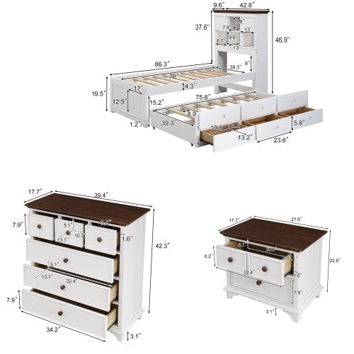 Comfort Living Spaces 3 Pieces Wooden Captain Bedroom Set Twin Bed with Trundle, Nightstand and Chest, White + Walnut