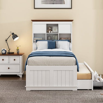 Comfort Living Spaces 3 Pieces Wooden Captain Bedroom Set Twin Bed with Trundle, Nightstand and Chest, White + Walnut