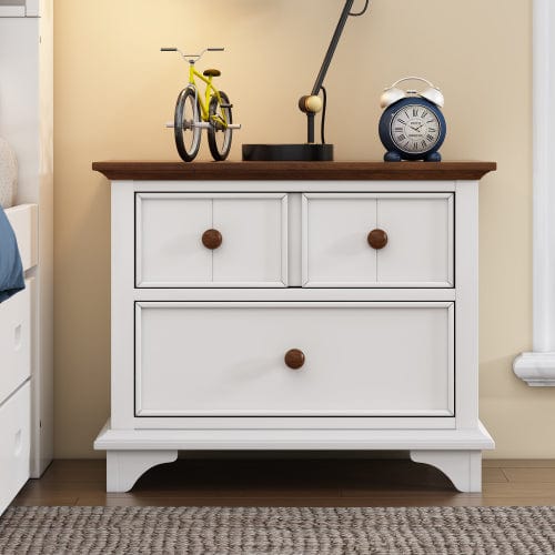 Comfort Living Spaces 3 Pieces Wooden Captain Bedroom Set Twin Bed with Trundle, Nightstand and Chest, White + Walnut