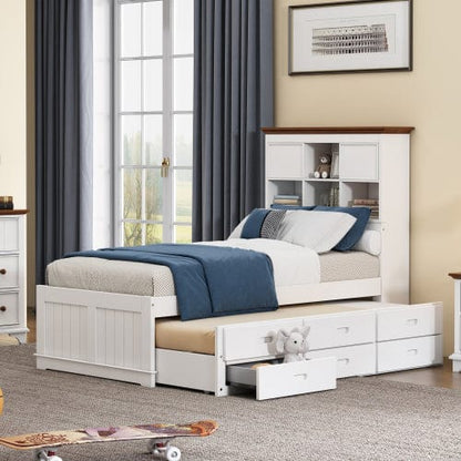 Comfort Living Spaces 3 Pieces Wooden Captain Bedroom Set Twin Bed with Trundle, Nightstand and Chest, White + Walnut