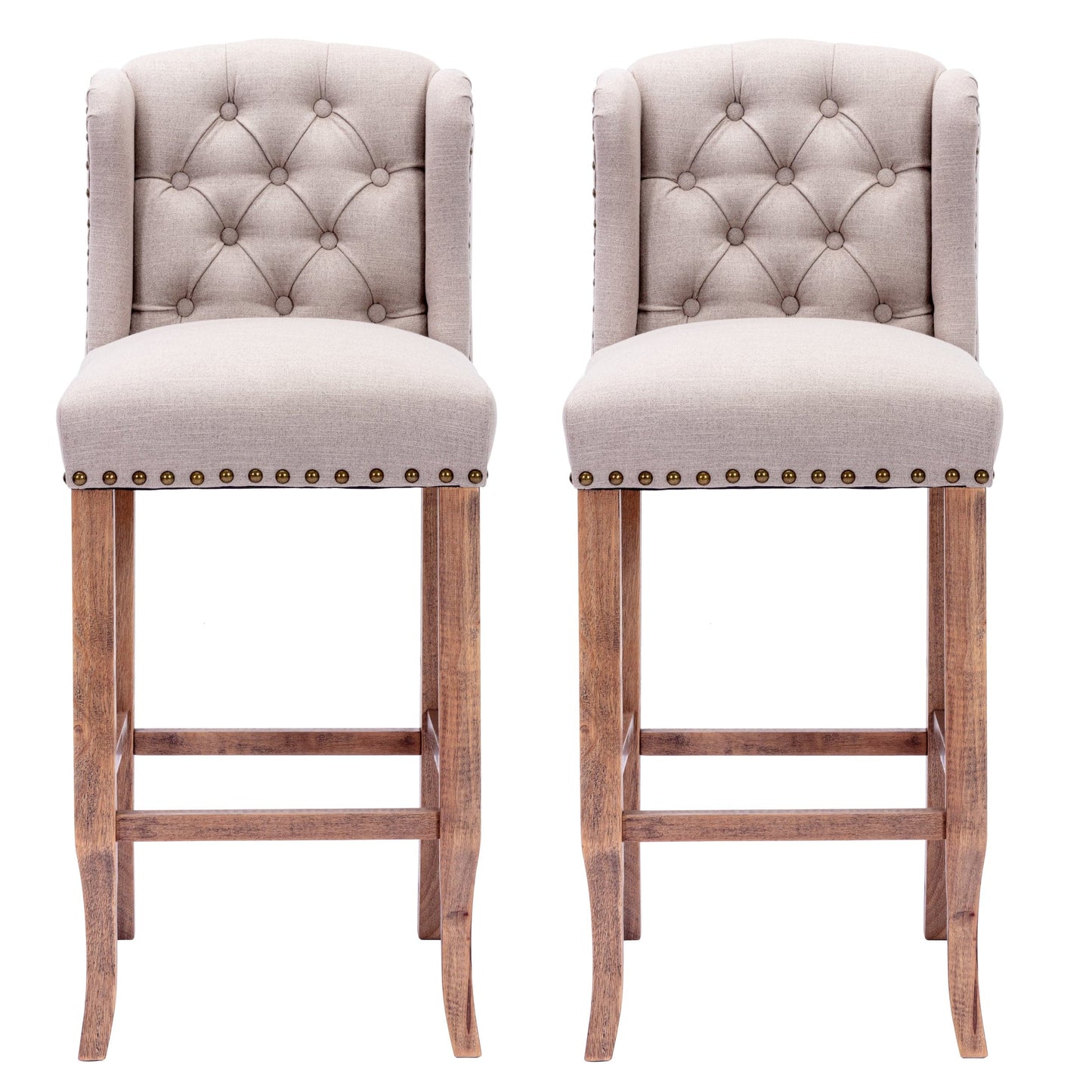 Comfort Living Spaces 30 Inches Seat Height Bar Chairs Set of 2,Wing Back Farmhouse Nailhead Trim Upholstered Bar stools with Tufted Upholstered ,Cream