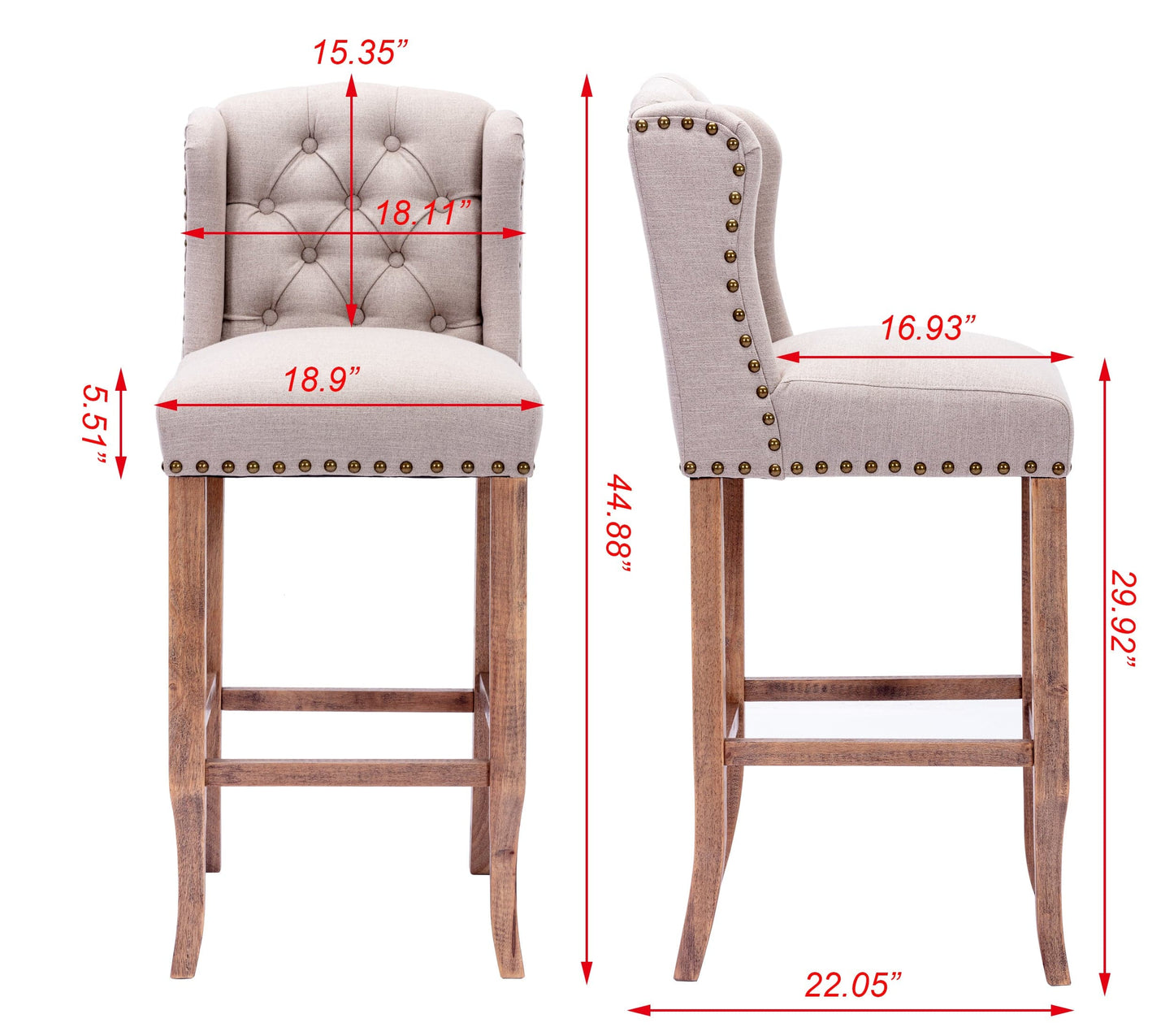 Comfort Living Spaces 30 Inches Seat Height Bar Chairs Set of 2,Wing Back Farmhouse Nailhead Trim Upholstered Bar stools with Tufted Upholstered ,Cream