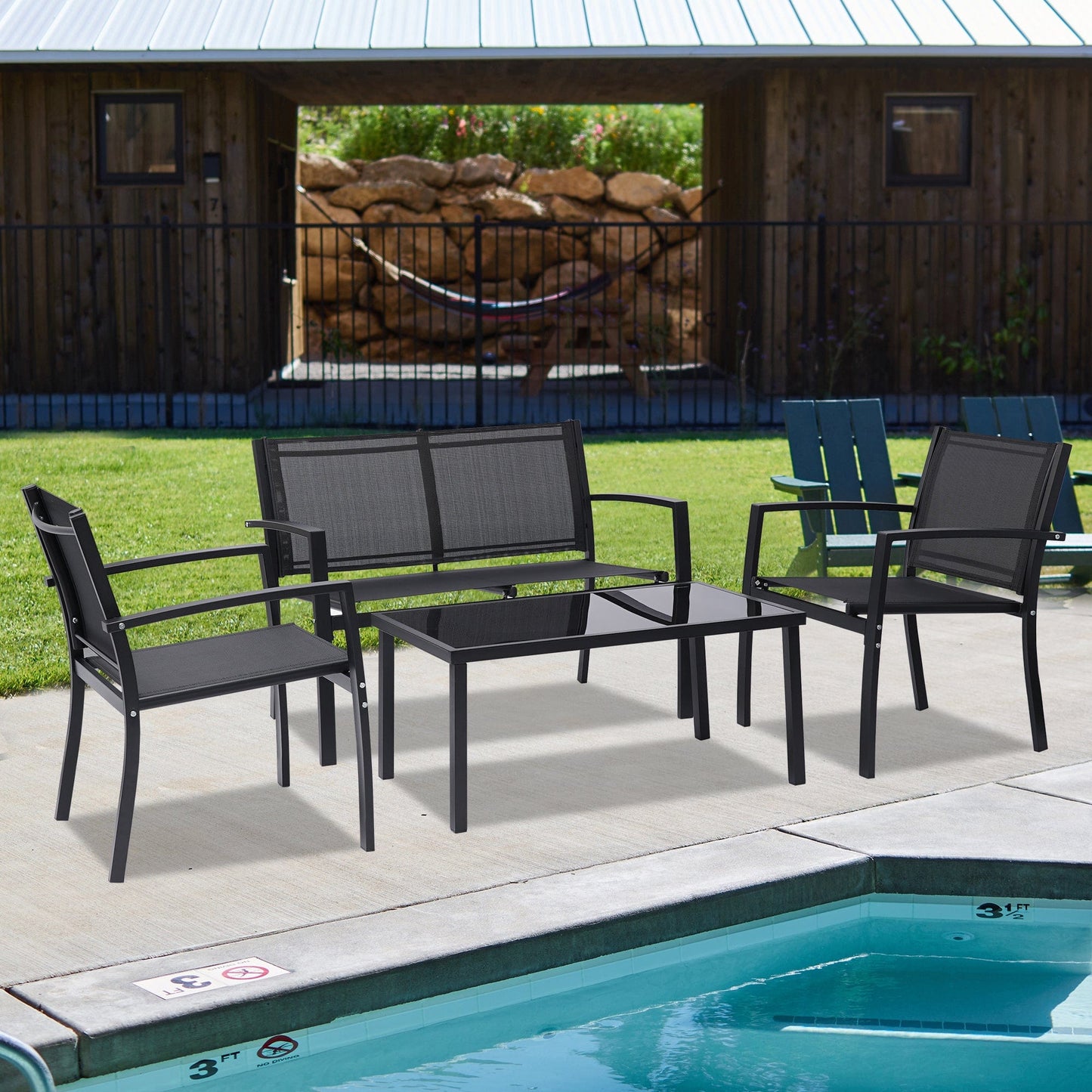 Comfort Living Spaces 4 Pieces Patio Furniture Set Outdoor Garden Patio Conversation Sets Poolside Lawn Chairs with Glass Coffee Table Porch Furniture (Black)