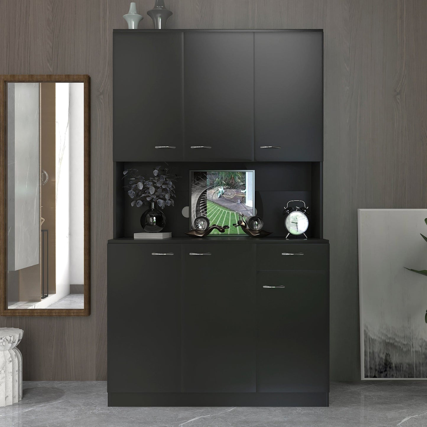 Comfort Living Spaces 70.87" Tall Wardrobe& Kitchen Cabinet, with 6-Doors, 1-Open Shelves and 1-Drawer for bedroom,Black