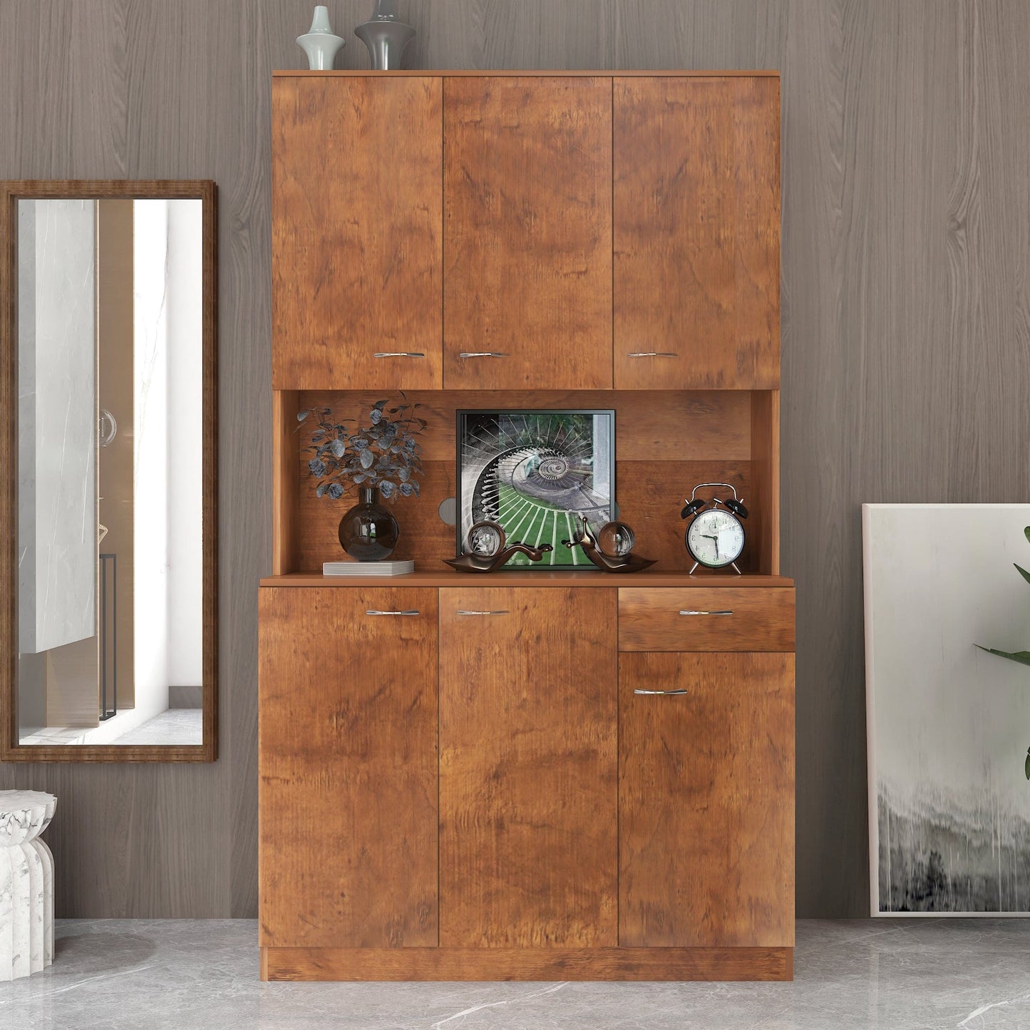 Comfort Living Spaces 70.87" Tall Wardrobe& Kitchen Cabinet, with 6-Doors, 1-Open Shelves and 1-Drawer for bedroom,Walnut