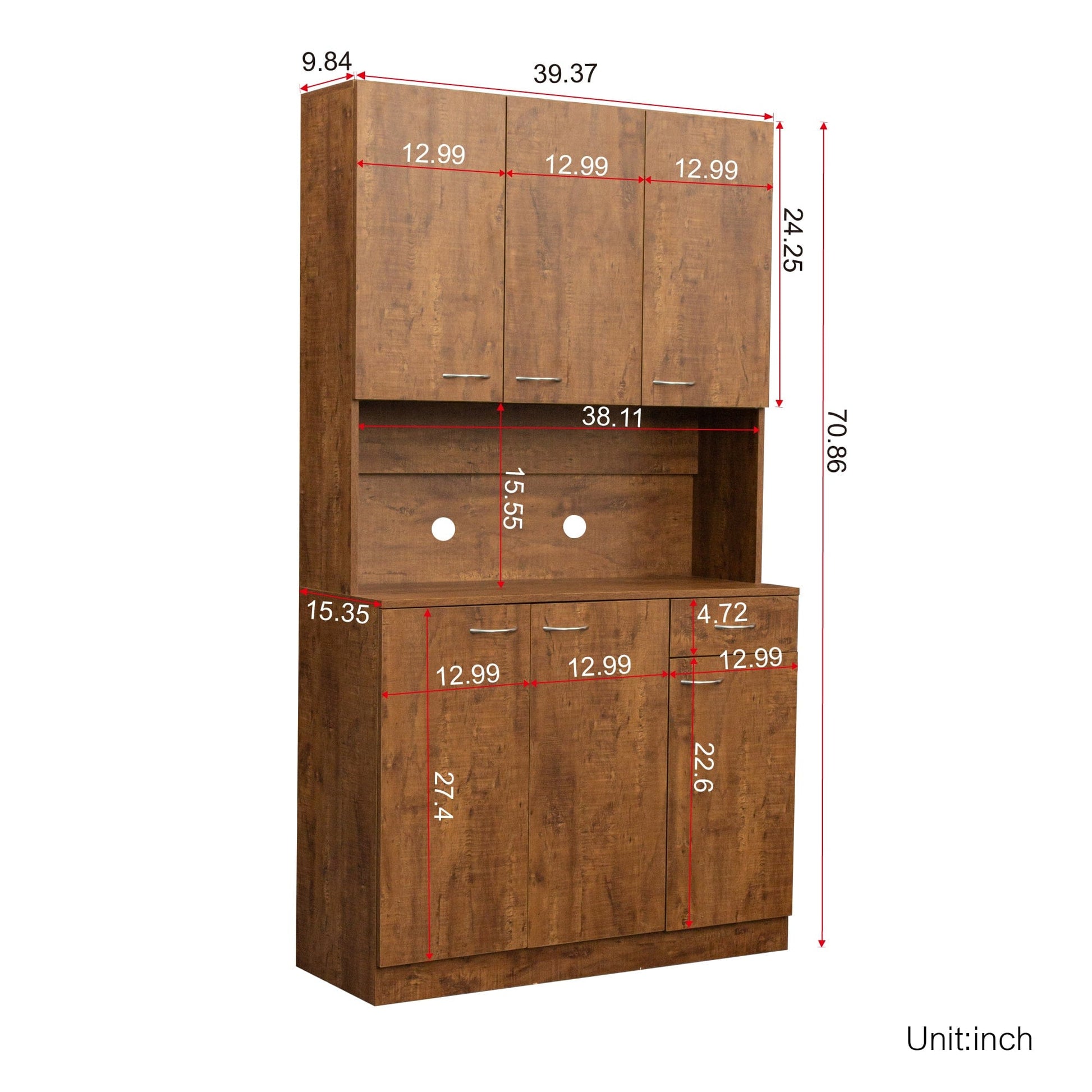 Comfort Living Spaces 70.87" Tall Wardrobe& Kitchen Cabinet, with 6-Doors, 1-Open Shelves and 1-Drawer for bedroom,Walnut