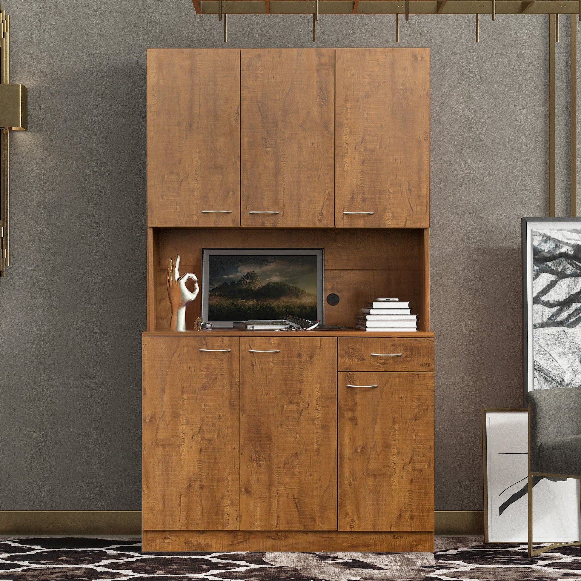 Comfort Living Spaces 70.87" Tall Wardrobe& Kitchen Cabinet, with 6-Doors, 1-Open Shelves and 1-Drawer for bedroom,Walnut