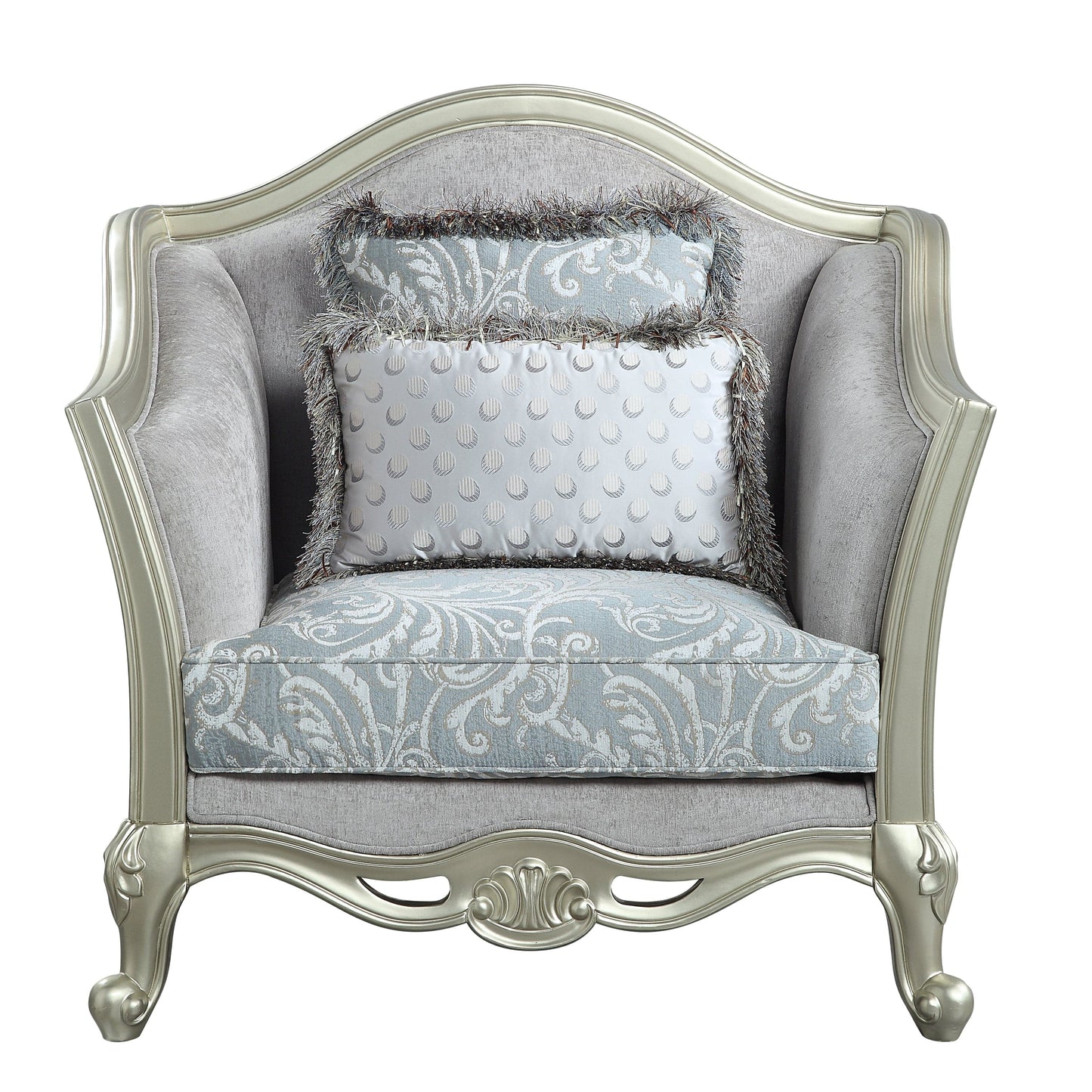 Comfort Living Spaces ACME Qunsia Chair w/2 Pillows, Light Gray Linen & Champagne Finish LV01119