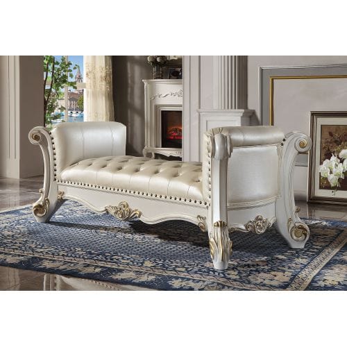 Comfort Living Spaces ACME Vendome Bench, Synthetic Leather & Antique Pearl Finish