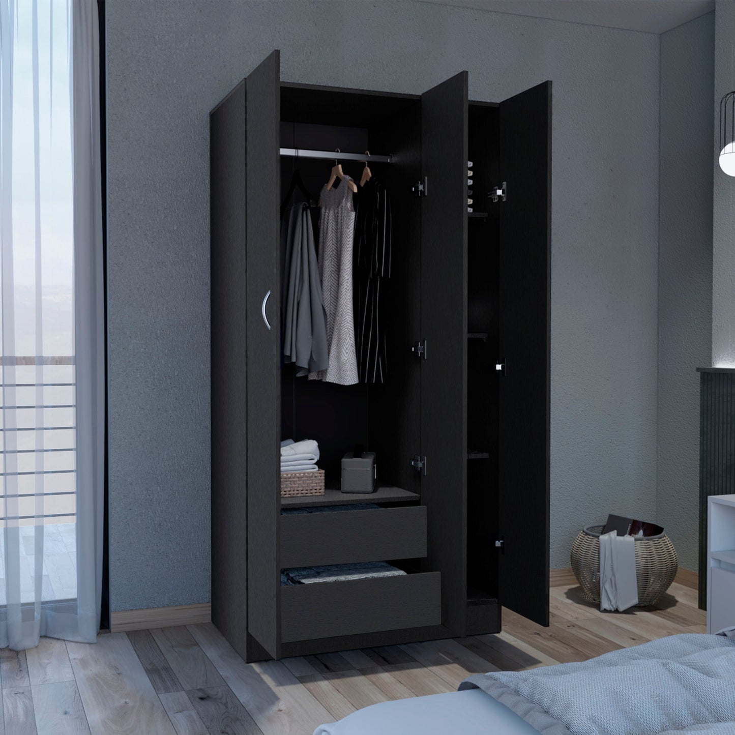 Comfort Living Spaces Armoires DEPOT E-SHOP Westbury Wardrobe Armoire with 3-Doors and 2-Inner Drawers, Black