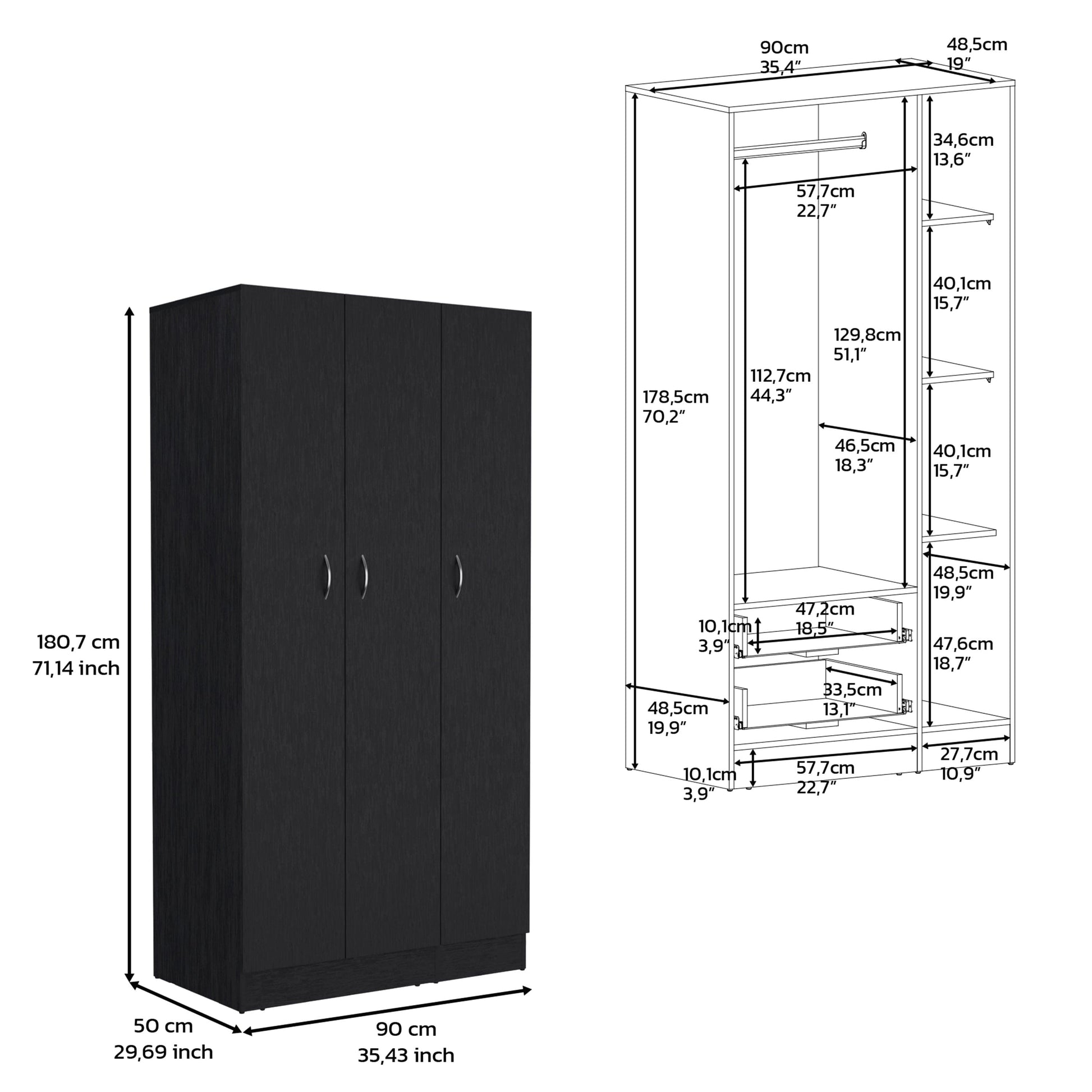 Comfort Living Spaces Armoires DEPOT E-SHOP Westbury Wardrobe Armoire with 3-Doors and 2-Inner Drawers, Black