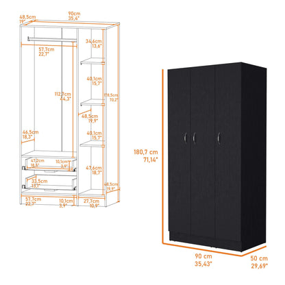 Comfort Living Spaces Augusta 3-Door Wardrobe with Hanging Rod Black