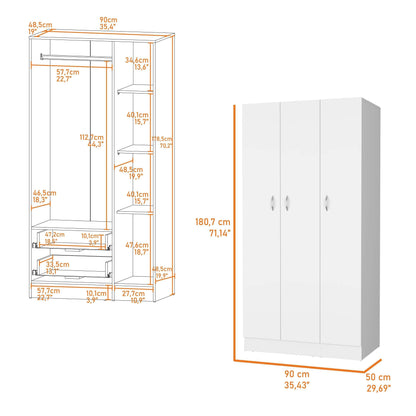 Comfort Living Spaces Augusta 3-Door Wardrobe with Hanging Rod White