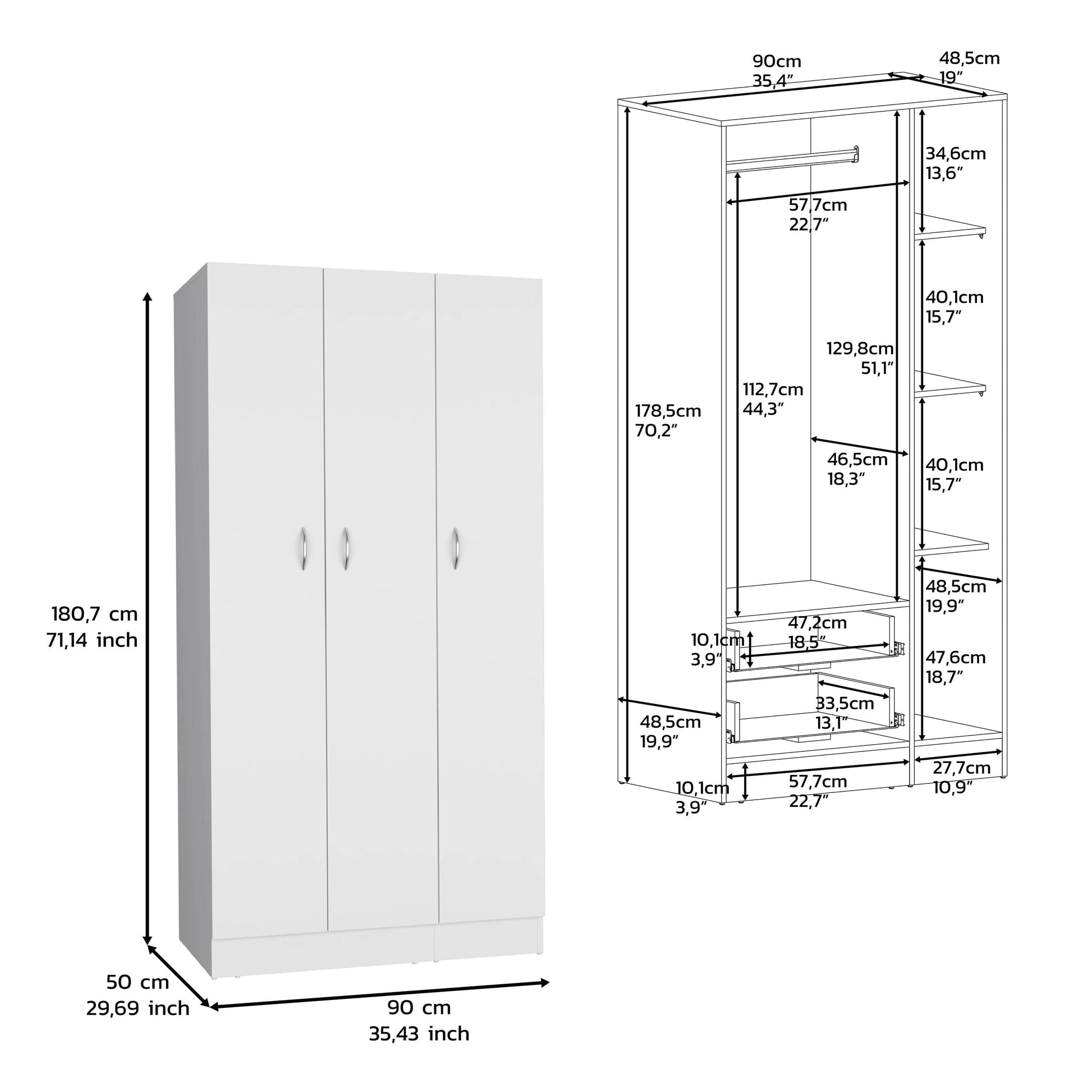 Comfort Living Spaces DEPOT E-SHOP Westbury Wardrobe Armoire with 3-Doors and 2-Inner Drawers, White