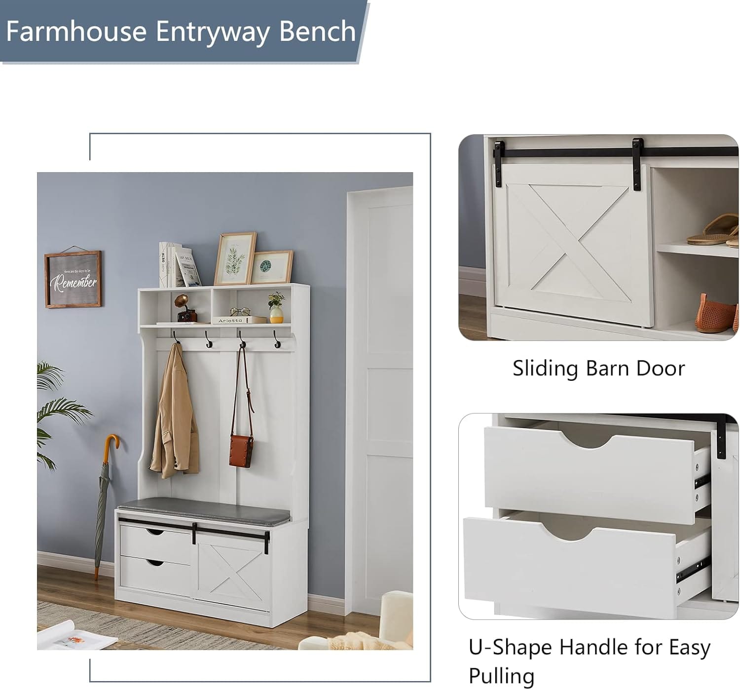 Comfort Living Spaces Entryway Storage Bench with Sliding Barn Door, Hall Tree with Coat Rack-Wood Coat Tree with Cushioned Stool & Hooks