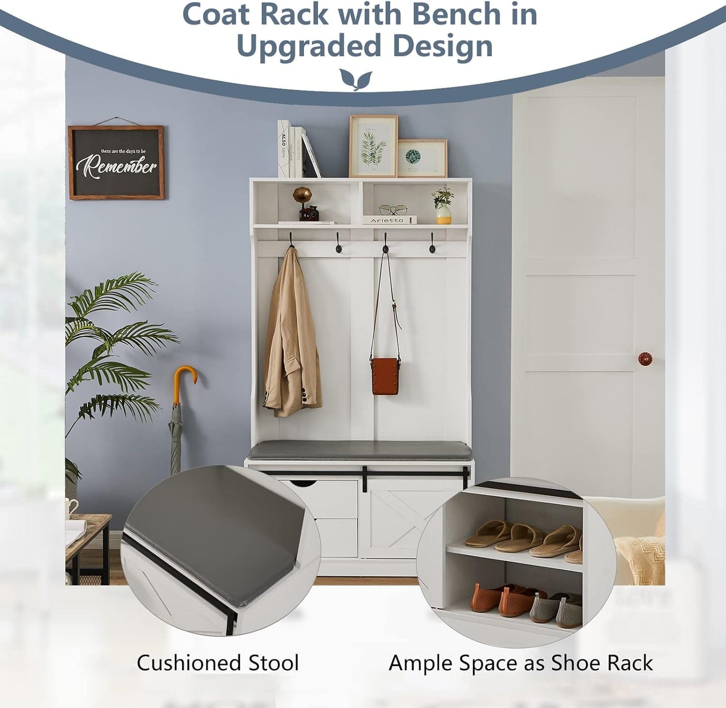 Comfort Living Spaces Entryway Storage Bench with Sliding Barn Door, Hall Tree with Coat Rack-Wood Coat Tree with Cushioned Stool & Hooks