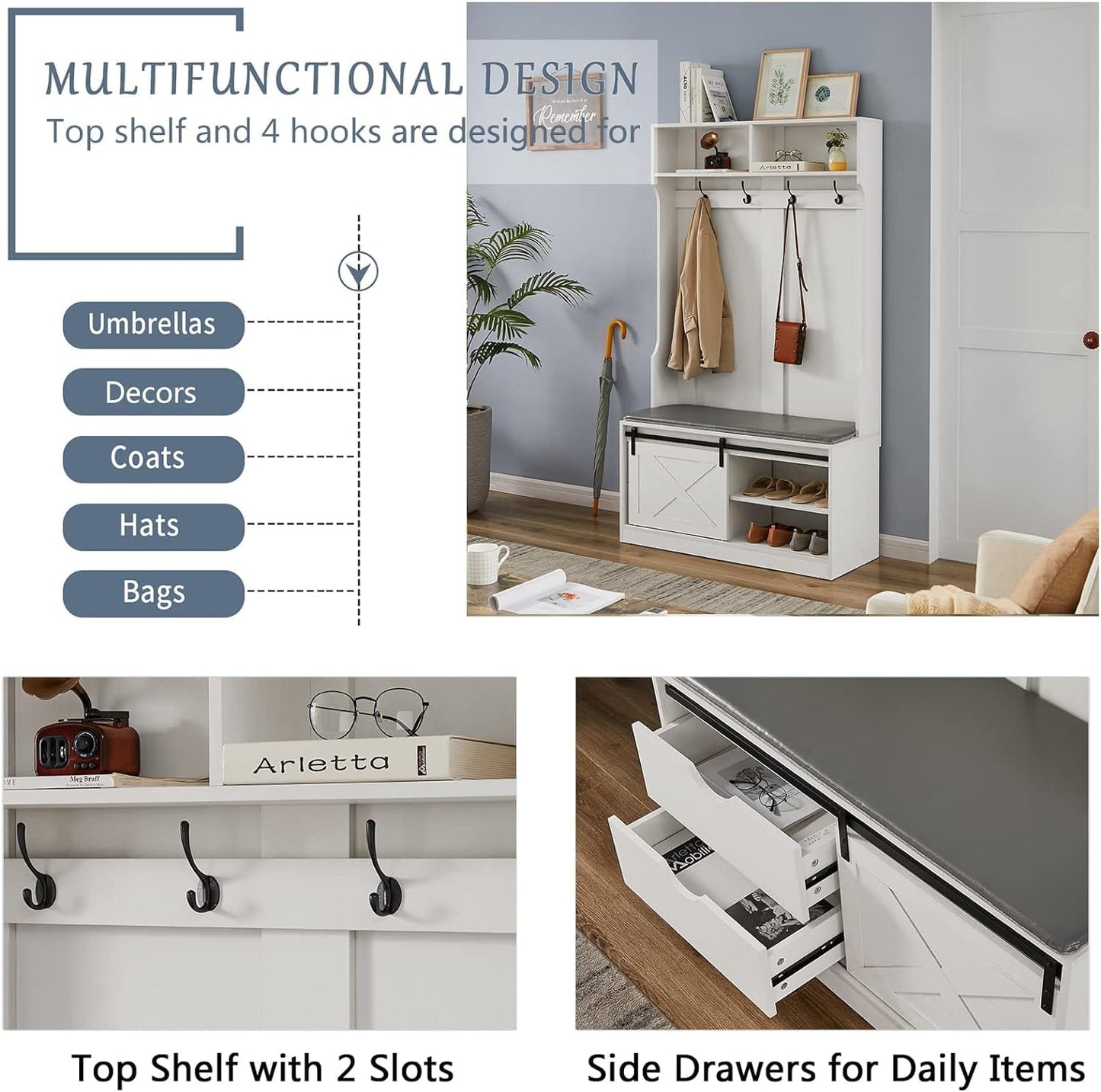 Comfort Living Spaces Entryway Storage Bench with Sliding Barn Door, Hall Tree with Coat Rack-Wood Coat Tree with Cushioned Stool & Hooks