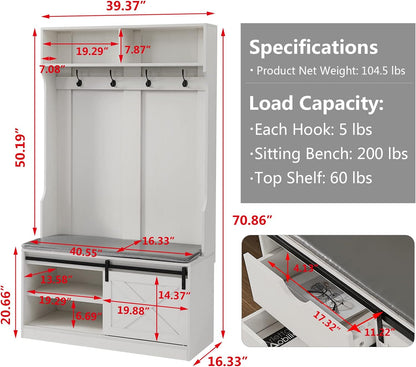 Comfort Living Spaces Entryway Storage Bench with Sliding Barn Door, Hall Tree with Coat Rack-Wood Coat Tree with Cushioned Stool & Hooks