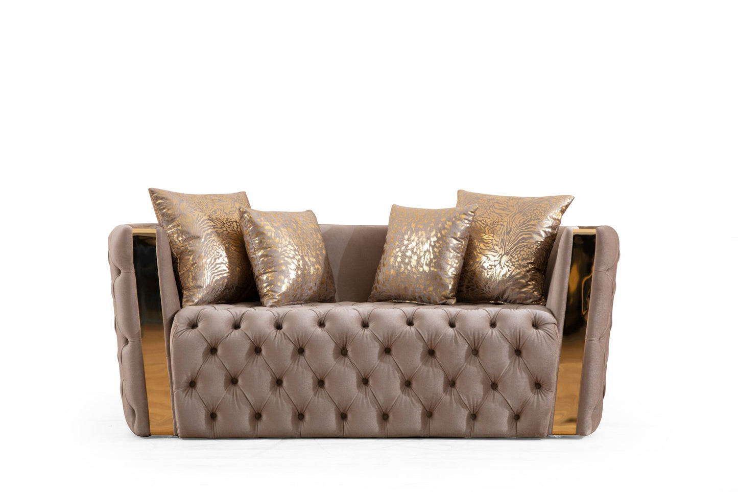 Comfort Living Spaces Naomi Button Tufted Loveseat with Velvet Fabric and Gold Accent in Taupe