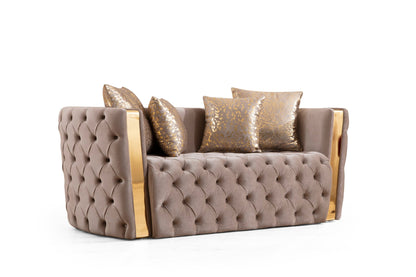 Comfort Living Spaces Naomi Button Tufted Loveseat with Velvet Fabric and Gold Accent in Taupe