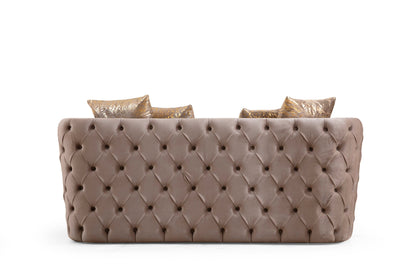 Comfort Living Spaces Naomi Button Tufted Loveseat with Velvet Fabric and Gold Accent in Taupe