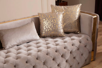 Comfort Living Spaces Naomi Button Tufted Loveseat with Velvet Fabric and Gold Accent in Taupe