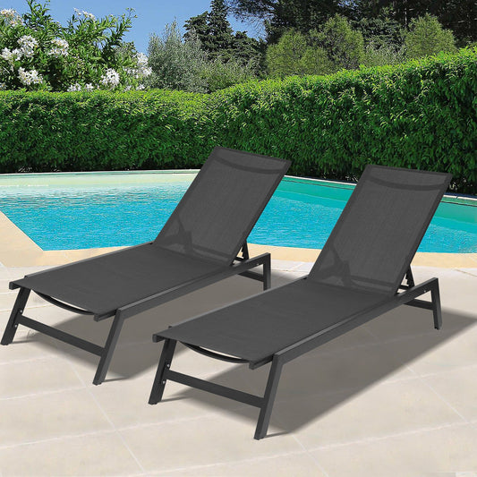 Comfort Living Spaces Outdoor 2-Pcs Set Chaise Lounge Chairs,Five-Position Adjustable Aluminum Recliner,All Weather for Patio,Beach,Yard,Pool ( Grey Frame/ Black fabric)