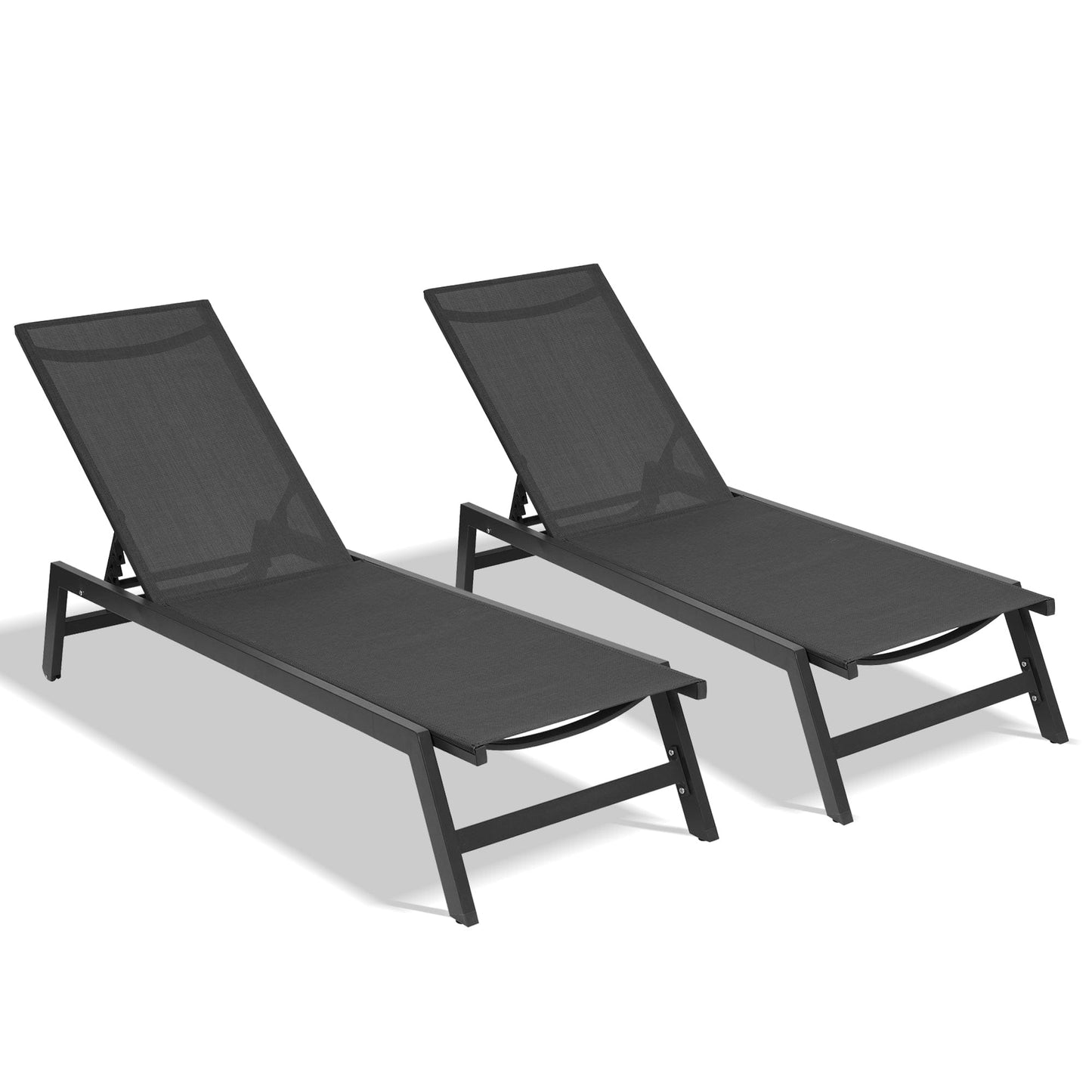 Comfort Living Spaces Outdoor 2-Pcs Set Chaise Lounge Chairs,Five-Position Adjustable Aluminum Recliner,All Weather for Patio,Beach,Yard,Pool ( Grey Frame/ Black fabric)