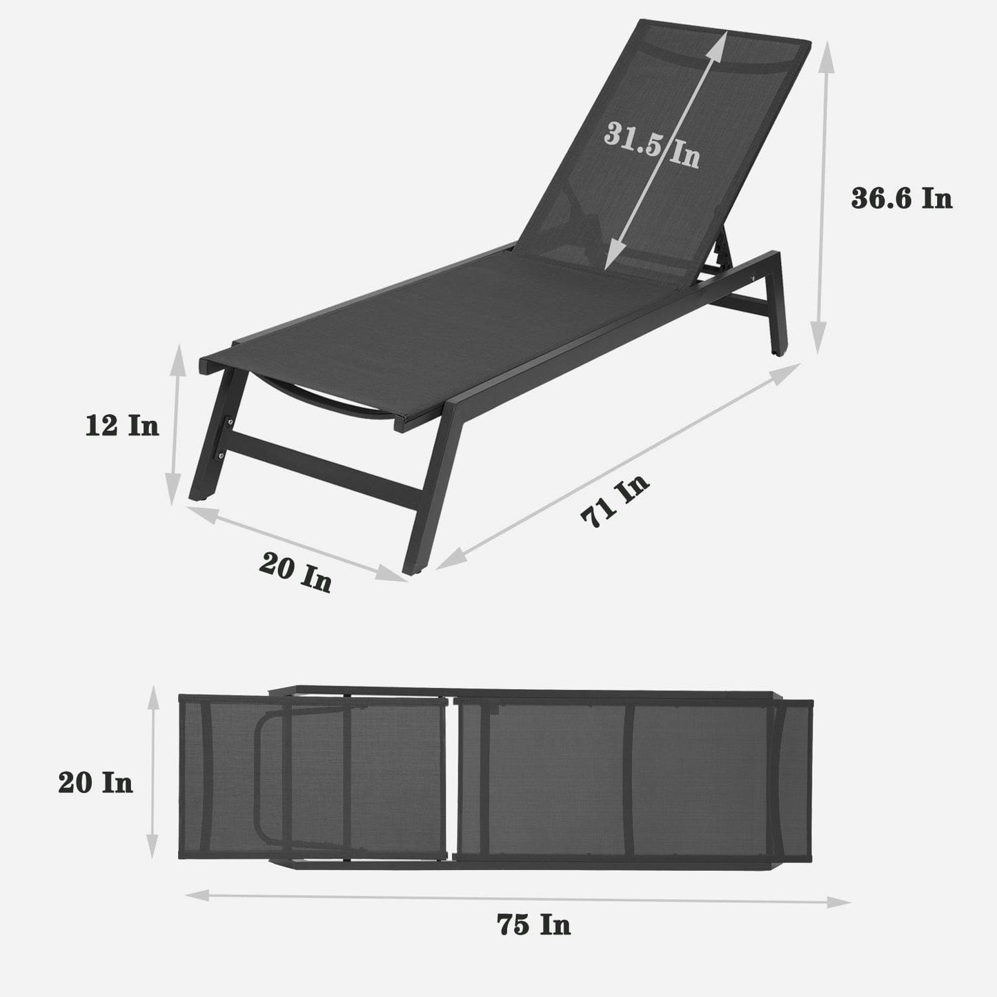 Comfort Living Spaces Outdoor 2-Pcs Set Chaise Lounge Chairs,Five-Position Adjustable Aluminum Recliner,All Weather for Patio,Beach,Yard,Pool ( Grey Frame/ Black fabric)