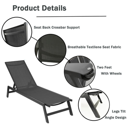 Comfort Living Spaces Outdoor 2-Pcs Set Chaise Lounge Chairs,Five-Position Adjustable Aluminum Recliner,All Weather for Patio,Beach,Yard,Pool ( Grey Frame/ Black fabric)