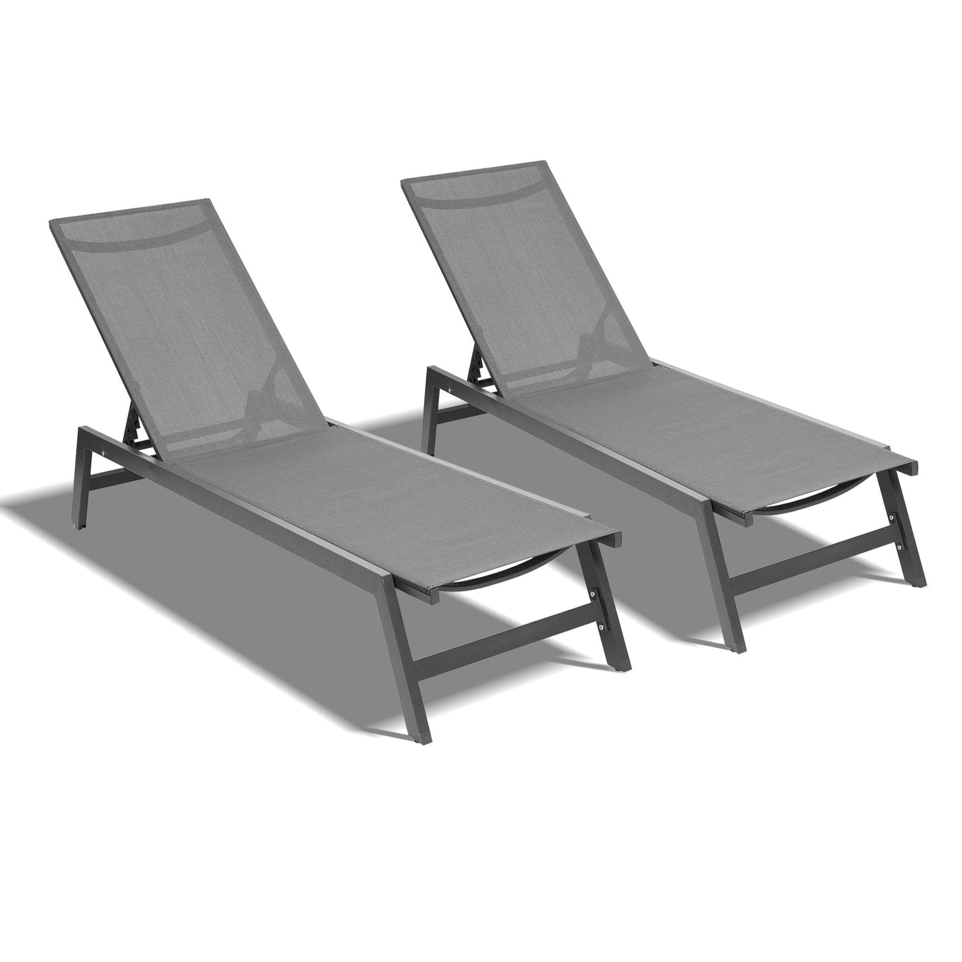 Comfort Living Spaces Outdoor 2-Pcs Set Chaise Lounge Chairs,Five-Position Adjustable Aluminum Recliner,All Weather For Patio,Beach,Yard, Pool(Grey Frame/Dark Grey Fabric)