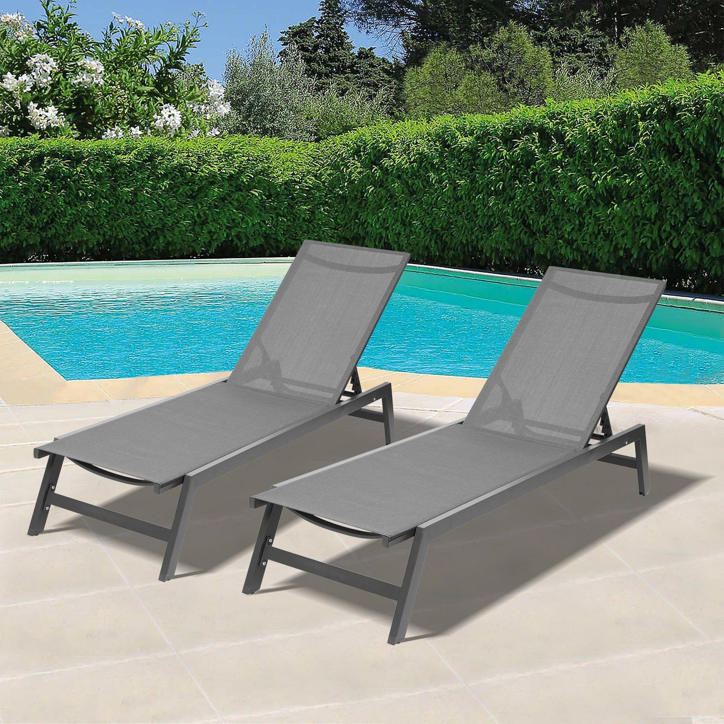 Comfort Living Spaces Outdoor 2-Pcs Set Chaise Lounge Chairs,Five-Position Adjustable Aluminum Recliner,All Weather For Patio,Beach,Yard, Pool(Grey Frame/Dark Grey Fabric)