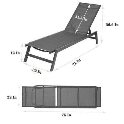 Comfort Living Spaces Outdoor 2-Pcs Set Chaise Lounge Chairs,Five-Position Adjustable Aluminum Recliner,All Weather For Patio,Beach,Yard, Pool(Grey Frame/Dark Grey Fabric)