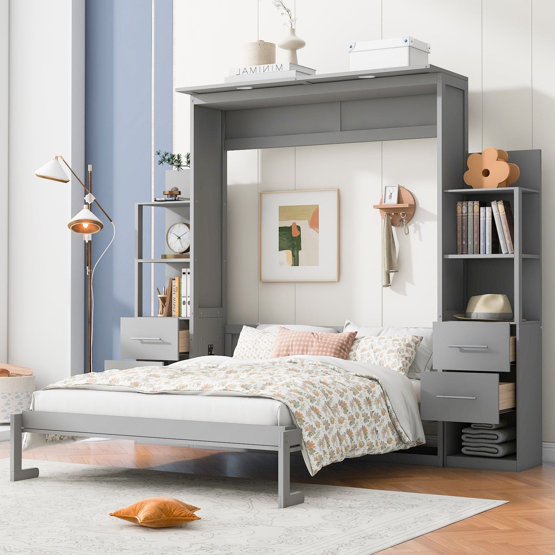 Comfort Living Spaces Queen Size Murphy Bed Wall Bed with Shelves, Drawers and LED Lights,Gray