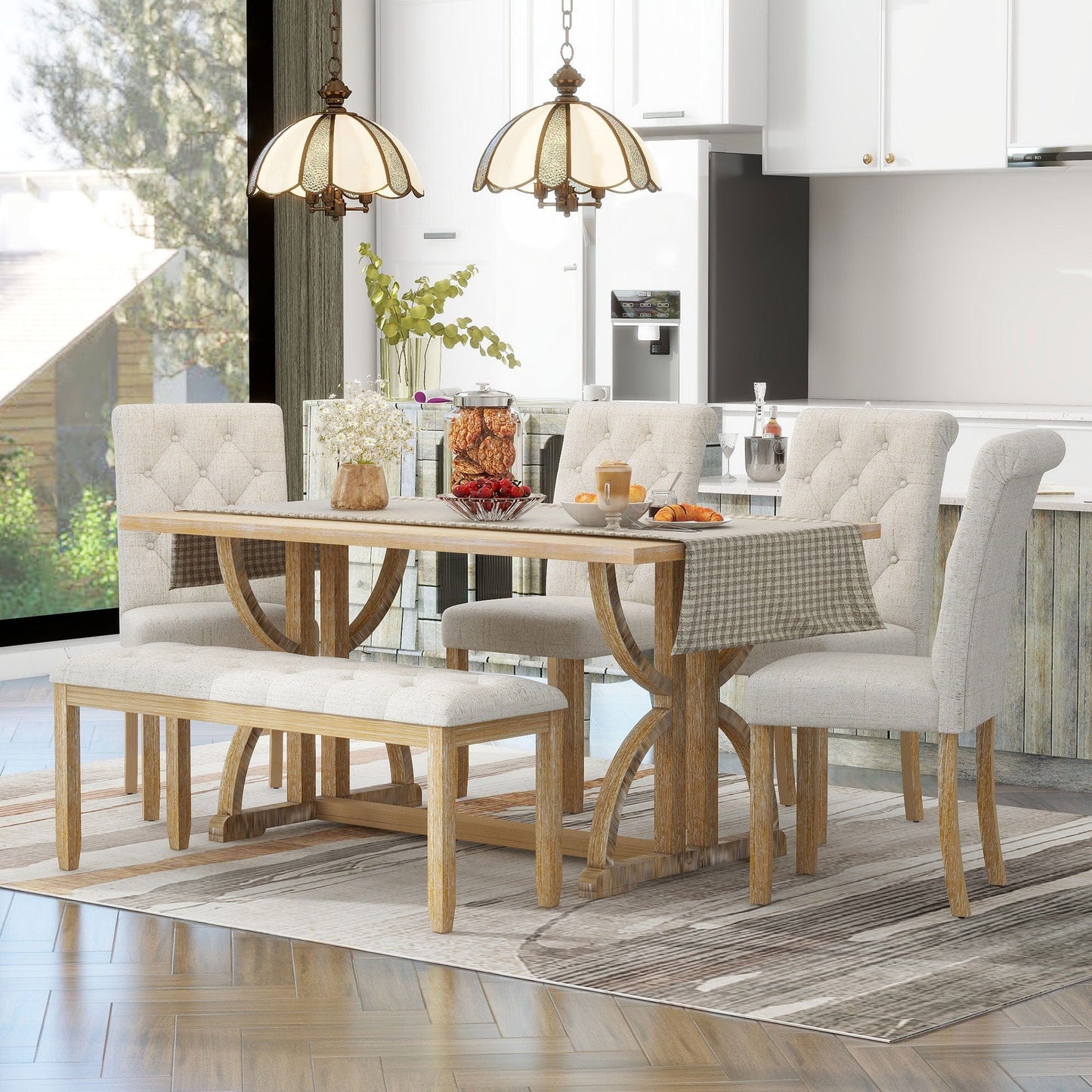 Comfort Living Spaces TREXM 6-Piece Retro Rectangular Dining Table Set, Table with Unique Legs and 4 Upholstered Chairs & 1 Bench for Dining Room and Kitchen (Natural Wood Wash)