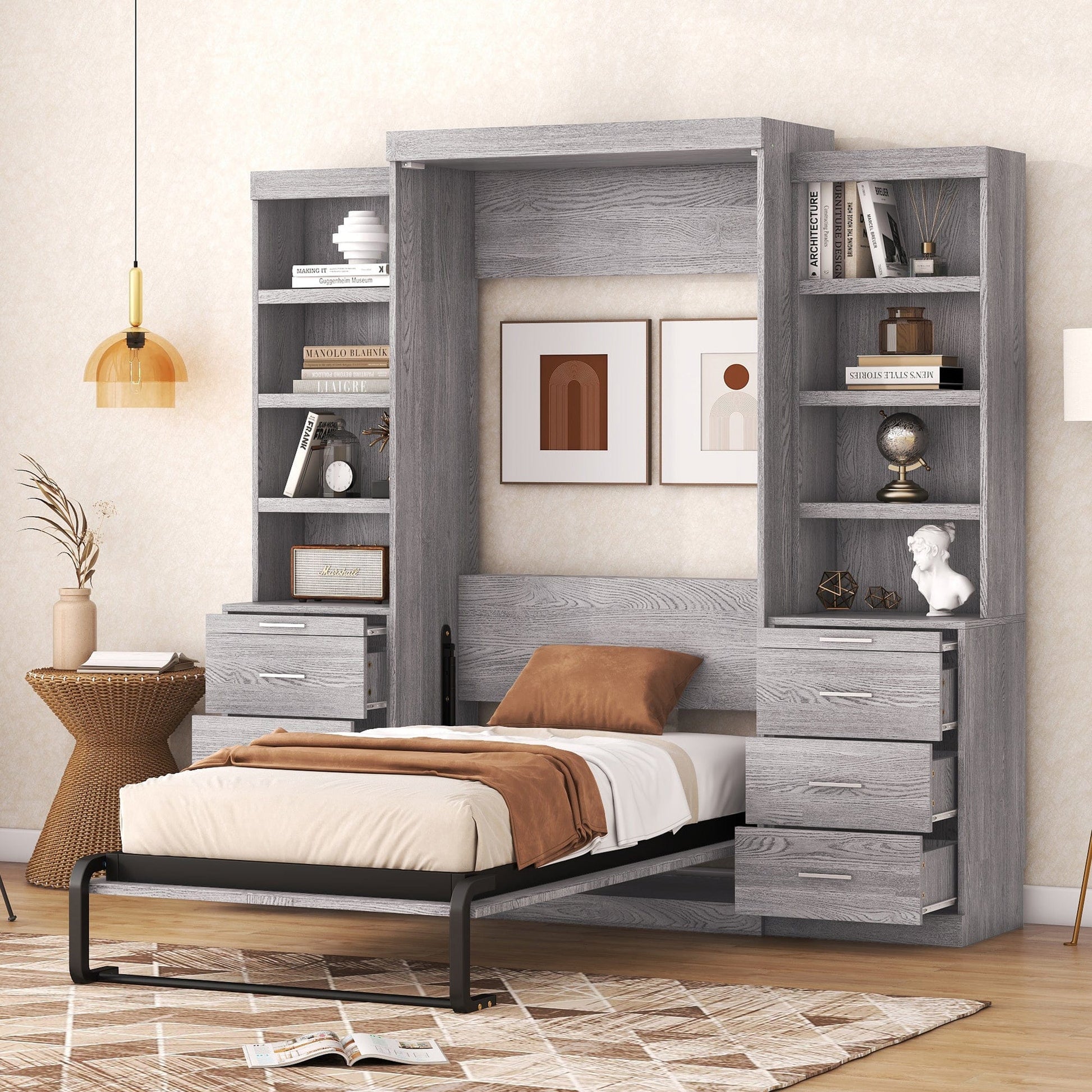 Comfort Living Spaces Twin Size Murphy Bed with Storage Shelves and Drawers, Gray