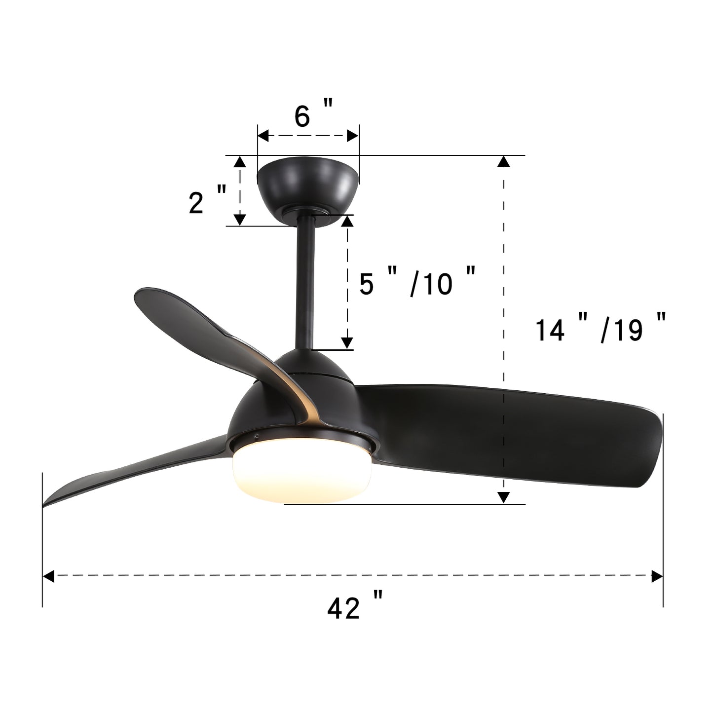 42 Inch Indoor ABS Ceiling Fan With 6 Speed Remote Control Dimmable Reversible DC Motor With Light