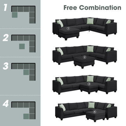 Sectional Sofa - Couch - Living Room Sets, 7 Seats Modular Sectional Sofa with Ottoman, L Shape Fabric Sofa Corner Couch Set with 3 Pillows, Black [VIDEO provided] 112"L X 87"W