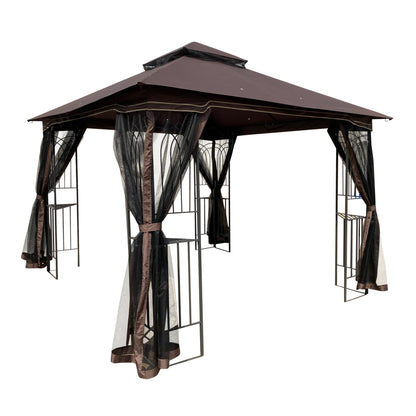 10x10 Outdoor Patio Gazebo Canopy Tent With Ventilated Double Roof And Mosquito net (Detachable Mesh Screen On All Sides)-Brown Top