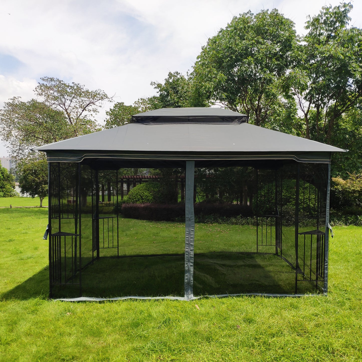 13x10 Outdoor Patio Gazebo Canopy Tent With Ventilated Double Roof And Mosquito net(Detachable Mesh Screen On All Sides),Suitable for Lawn, Garden, Backyard and Deck,Gray Top