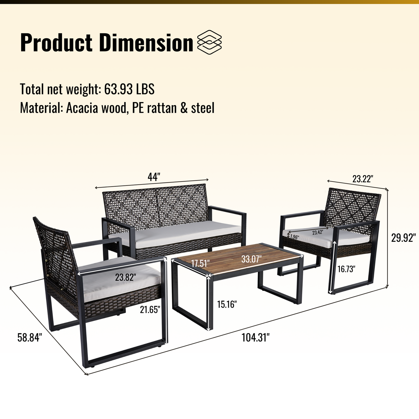 4-Piece Patio Furniture Set Outdoor Balcony Porch Garden Backyard Lawn Furniture Acacia Wood Table Top, Morden Brown and Beige Cushion