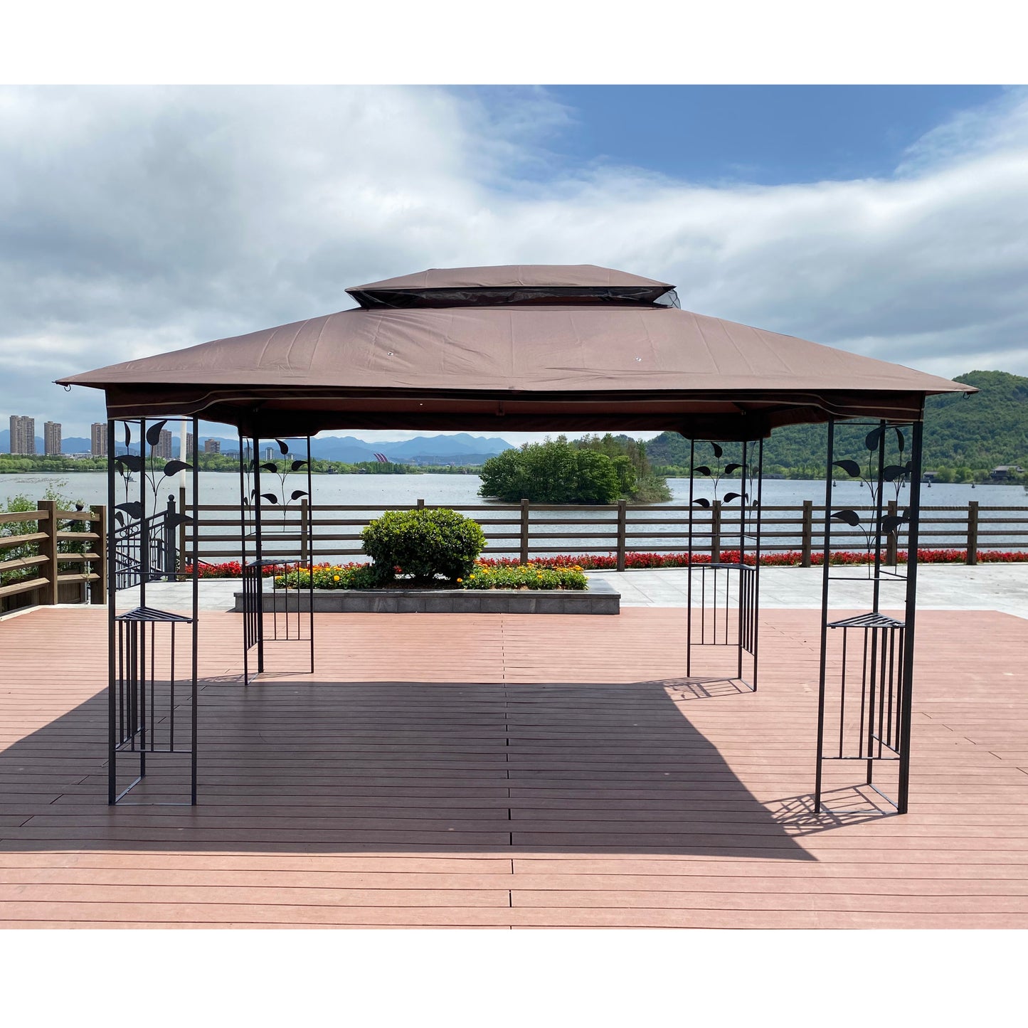 13x10 Outdoor Patio Gazebo Canopy Tent With Ventilated Double Roof And Mosquito net(Detachable Mesh Screen On All Sides),Suitable for Lawn, Garden, Backyard and Deck,Brown Top