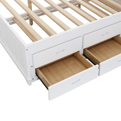 Captain Bookcase Bed-Solid Pine Bed with Trundle Bed and 3 Spacious Under Bed Drawers in Full Size- White Walnut