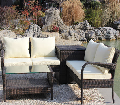 4 Piece Patio Sectional Wicker Rattan Outdoor Furniture Sofa Set with Storage Box Brown