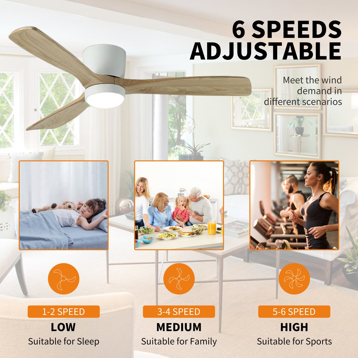 42 inch White Wood Ceiling Fans with Lights and Remote, Modern Flush Mount Low Profile Ceiling Fan with Light, 6 Speed, Reversible DC Motor, for Bedroom/Outdoor/Farmhouse/Patios