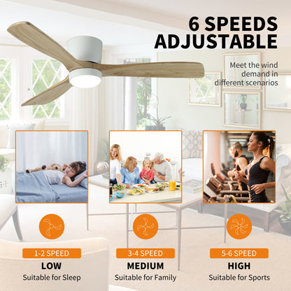 42 inch White Wood Ceiling Fans with Lights and Remote, Modern Flush Mount Low Profile Ceiling Fan with Light, 6 Speed, Reversible DC Motor, for Bedroom/Outdoor/Farmhouse/Patios