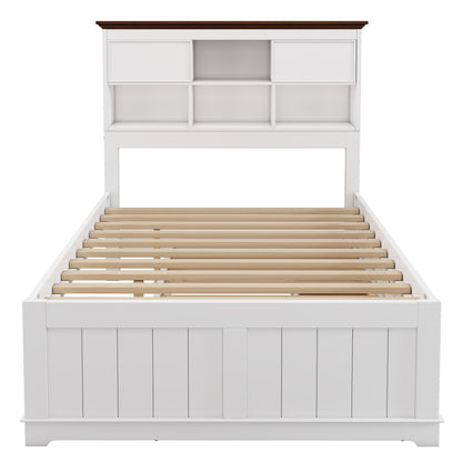 Captain Bookcase Bed-Solid Pine Bed with Trundle Bed and 3 Spacious Under Bed Drawers in Full Size- White Walnut