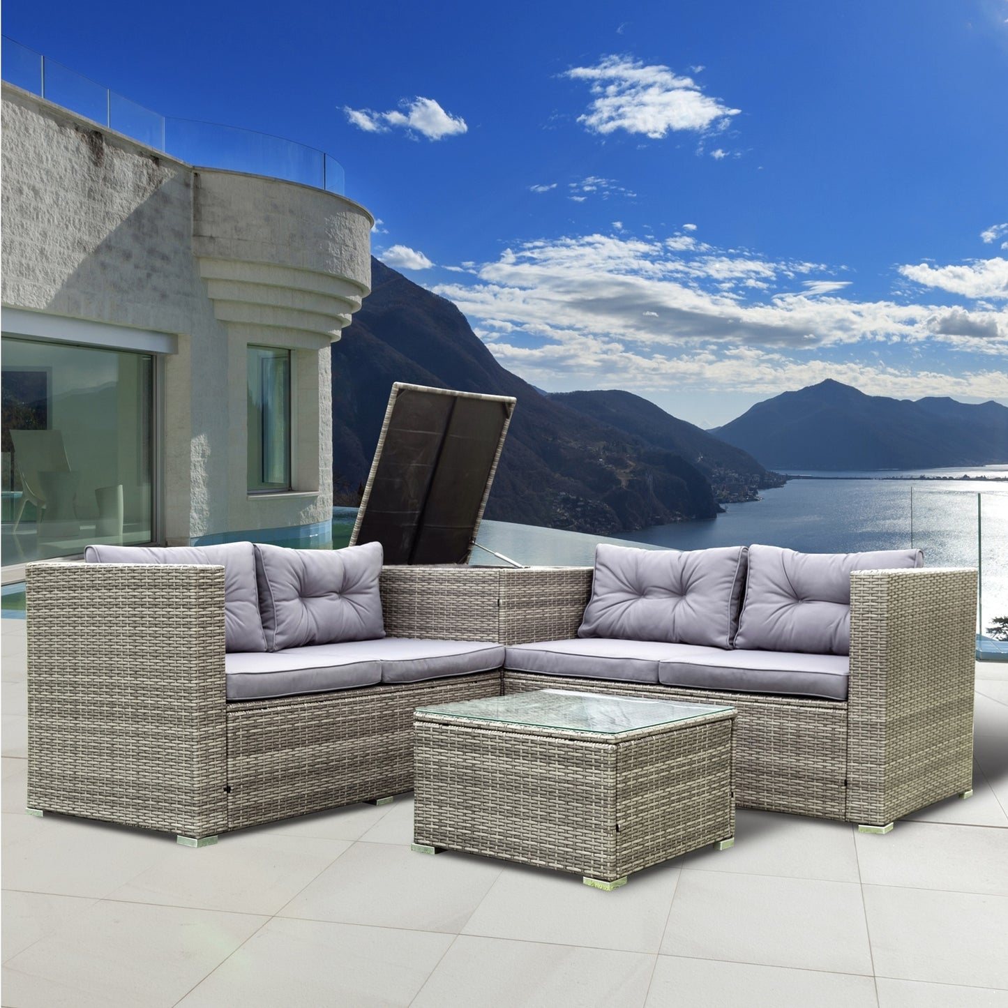 4 Piece Patio Sectional Wicker Rattan Outdoor Furniture Sofa Set with Storage Box Grey